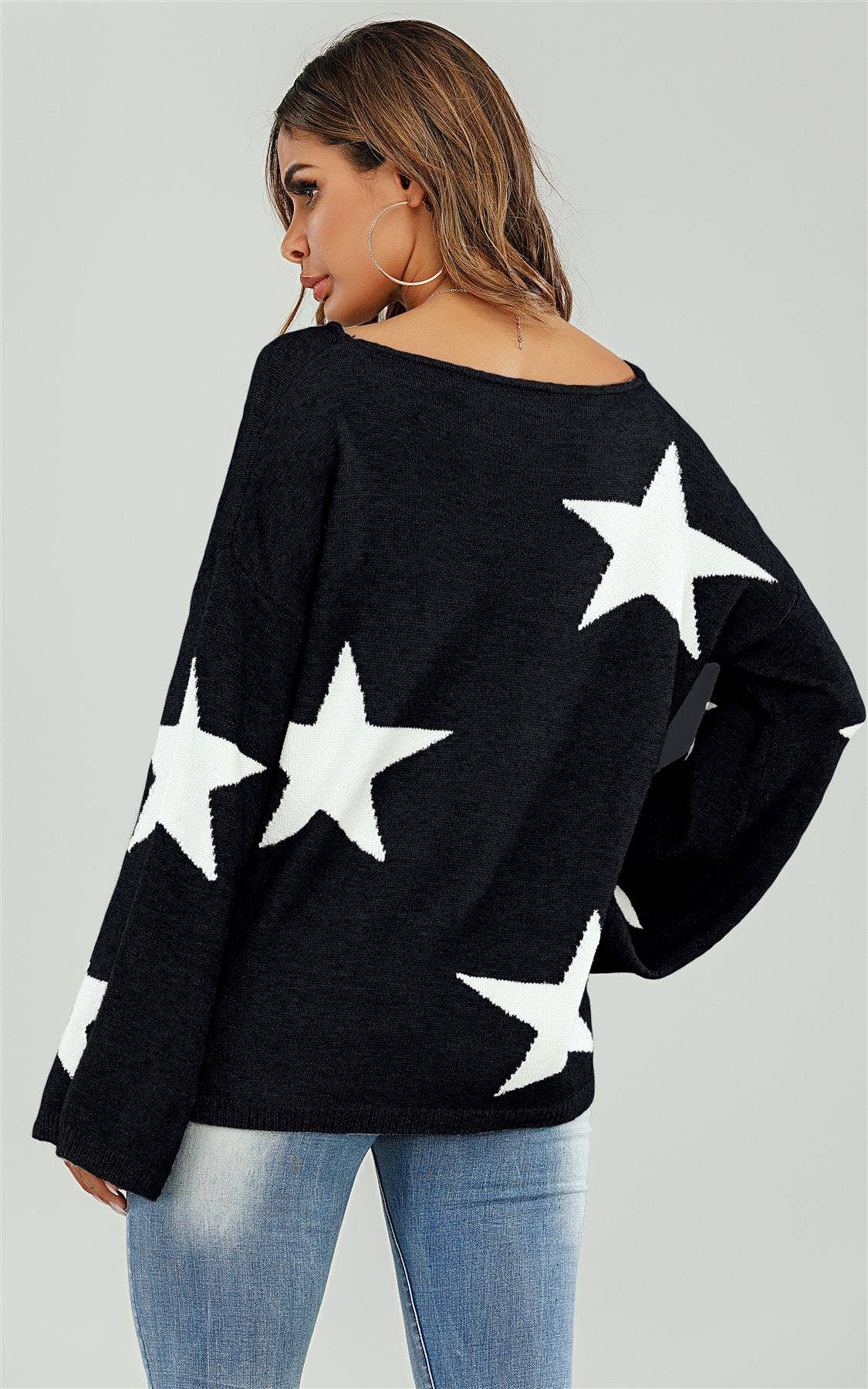 Wide Sleeve Oversize Black Jumper With White Star MB1009
