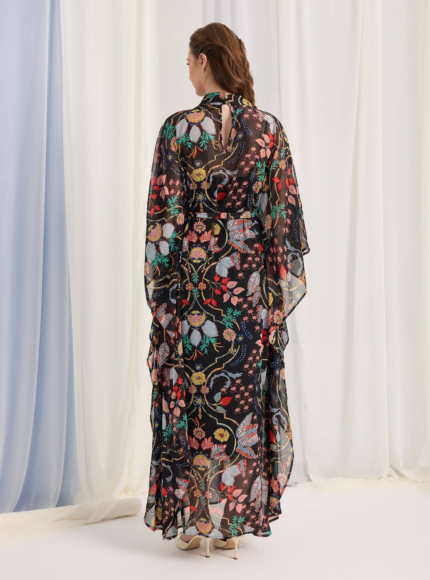 Black Printed Gold Lurex Belted Kaftan Dress 200101