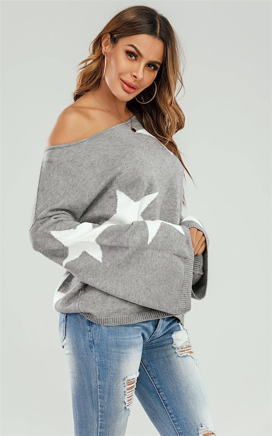 Wide Sleeve Oversized Grey Jumper With White Star MB1011