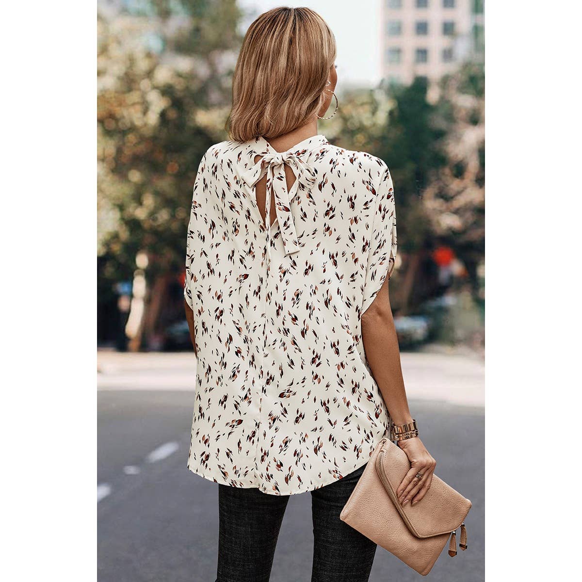 Leopard Print Open Back Knot Drop Shoulder Top MB1005