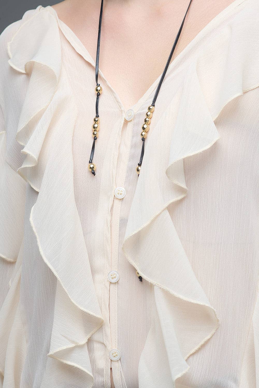 Beige V-Neck All Over Ruffle Blouse MB1022