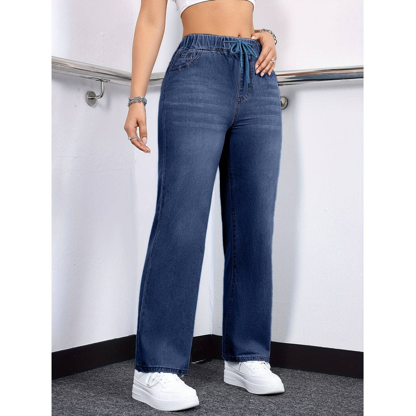Elastic Drawstring Straight Leg Jeans MBP3003