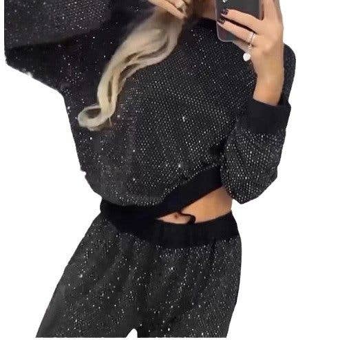 Women's Starry Night Long Sleeve Top With Drawstring Wide Leg Pants Set-MBS1000