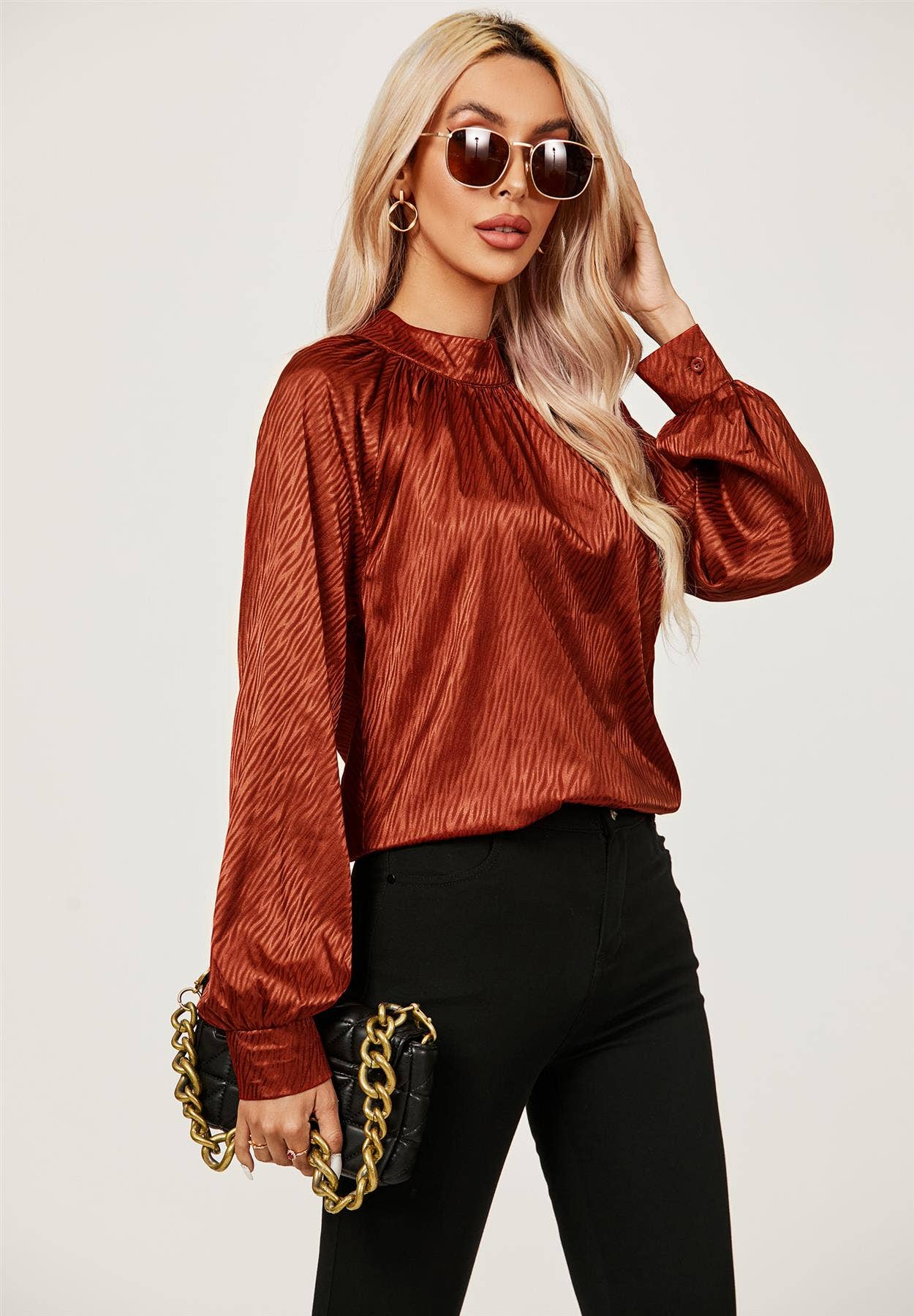 Halter Neck Satin Long Sleeve Blouse Top In Copper Red MB1010