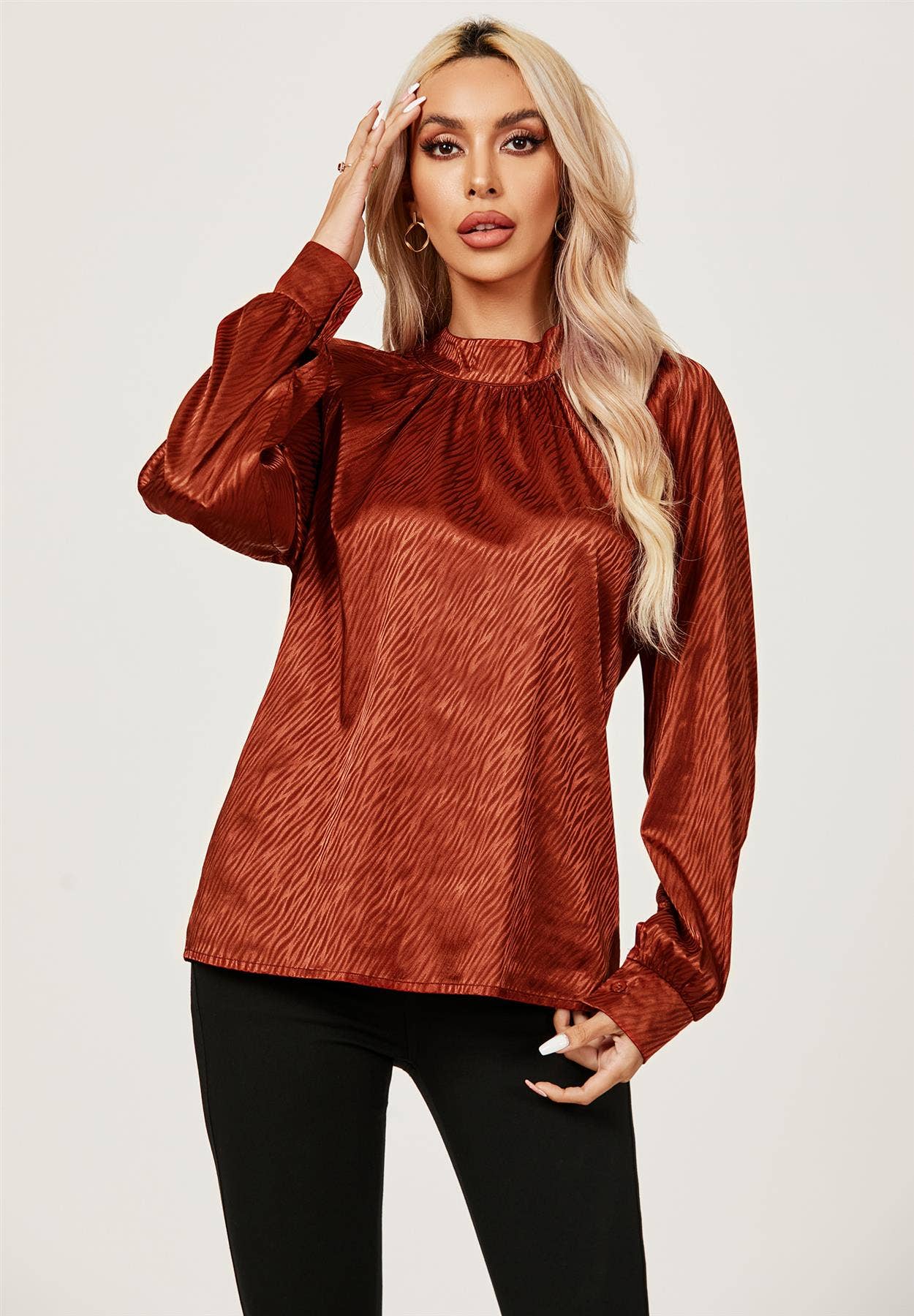 Halter Neck Satin Long Sleeve Blouse Top In Copper Red MB1010