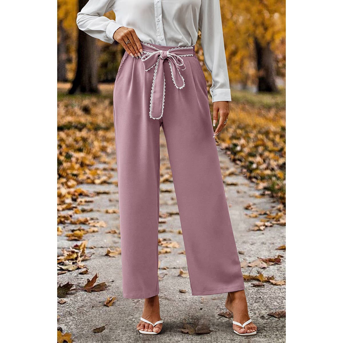 Straight Leg Elastic High Waist Lace Tie Trim Pants MB1001