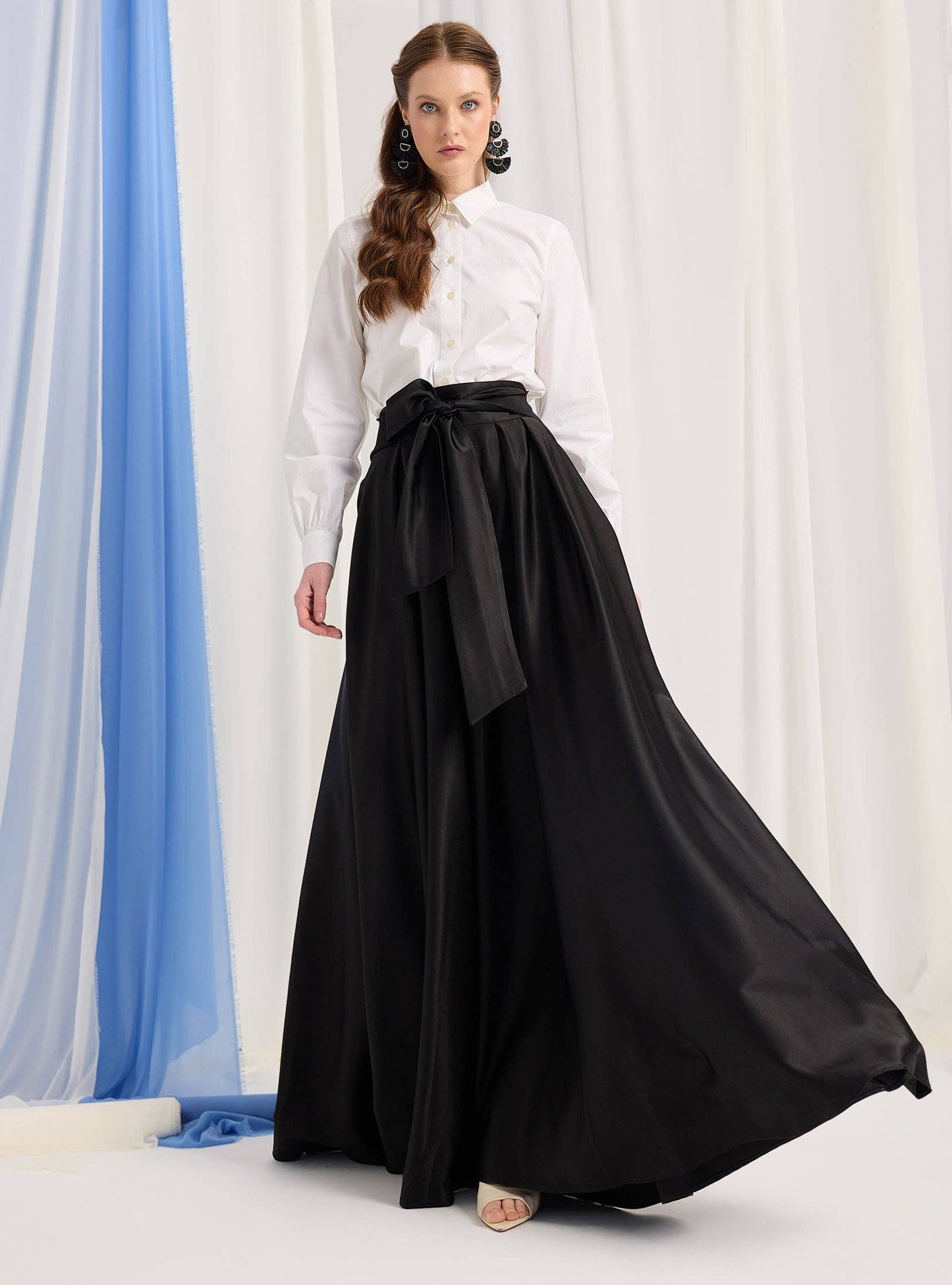 Black Mat Satin Belted Maxi Skirt 300101