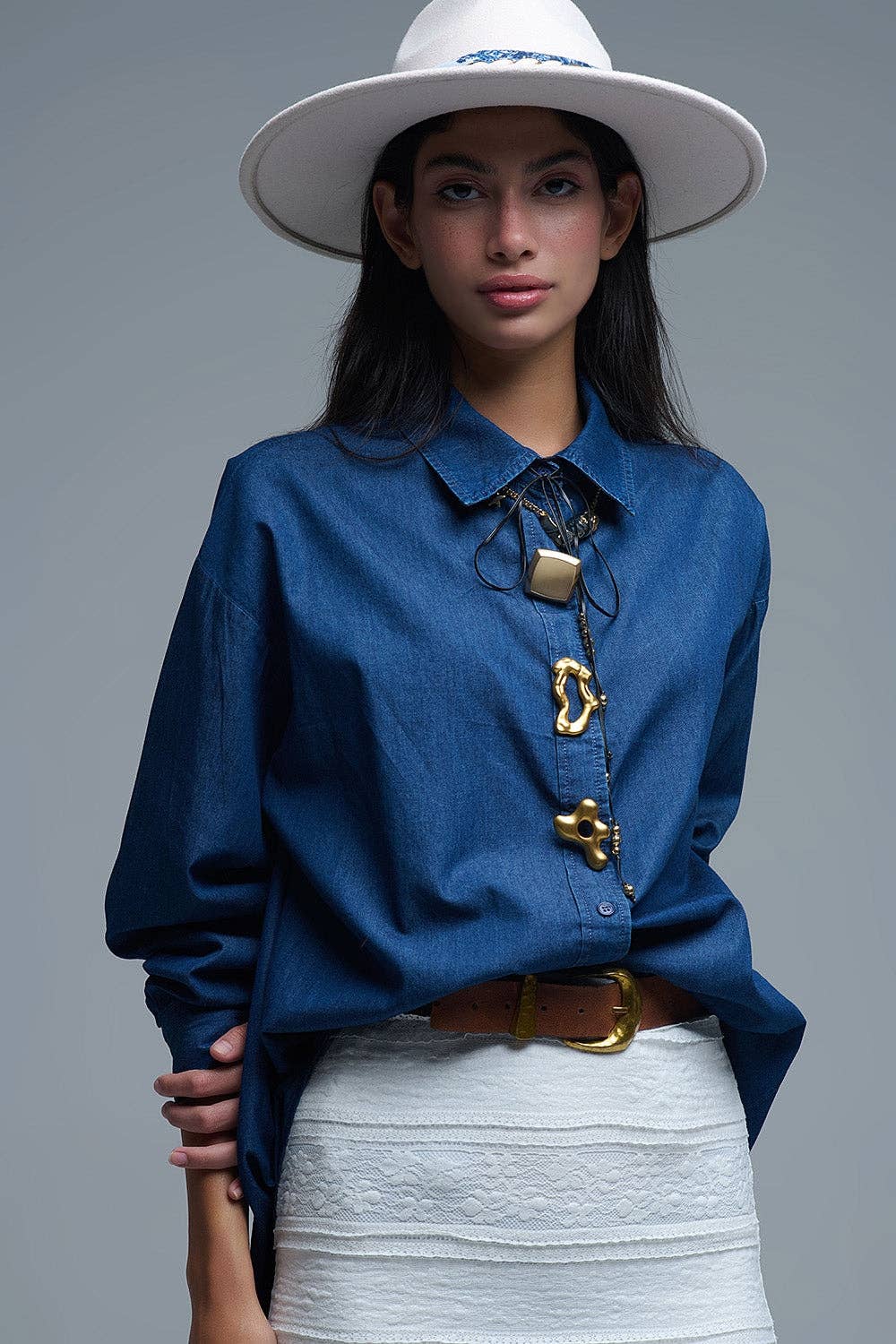 Relaxed Denim Shirt With Gold Abstract Buttons MB1023