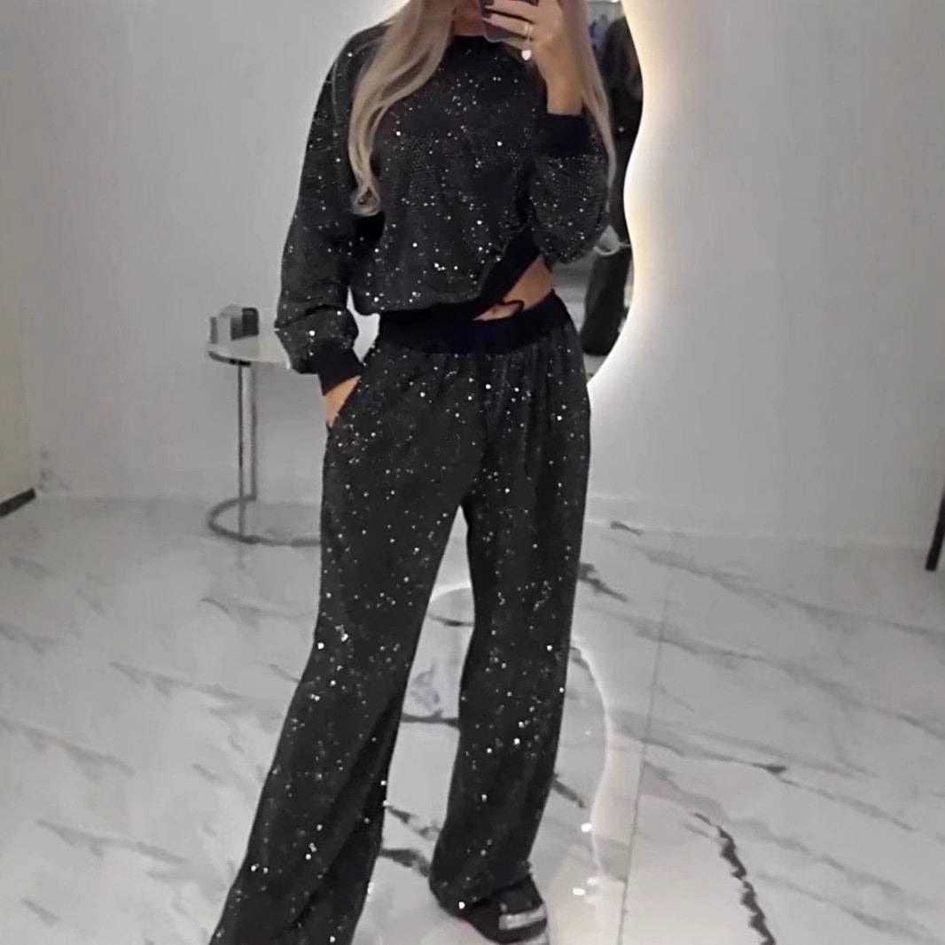 Women's Starry Night Long Sleeve Top With Drawstring Wide Leg Pants Set-MBS1000