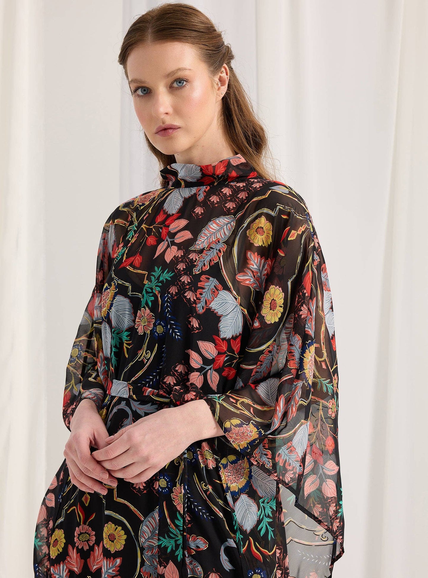 Black Printed Gold Lurex Belted Kaftan Dress 200101