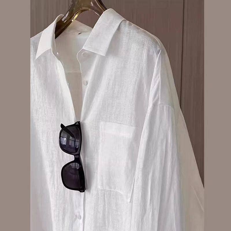 White Linen Long Sleeve Shirt Women's Casual Loose French Style Blouse MBC3005