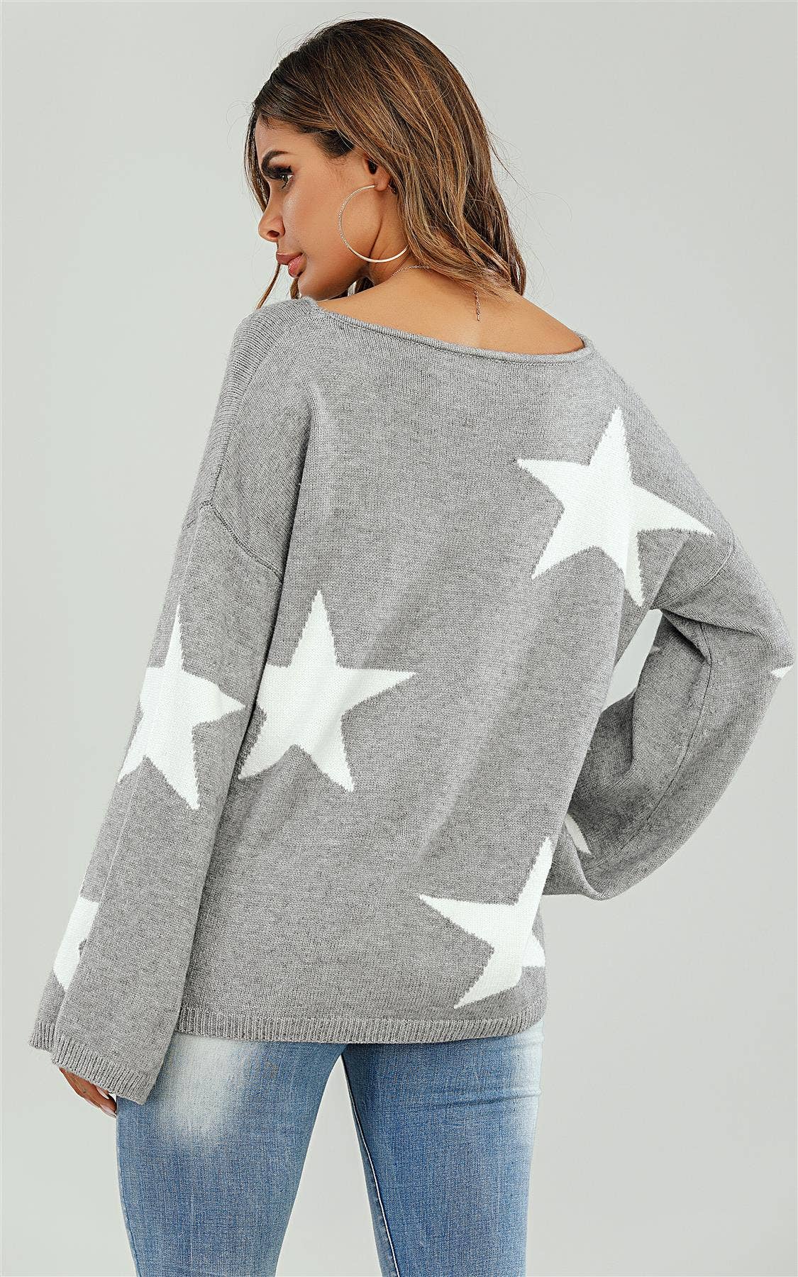 Wide Sleeve Oversized Grey Jumper With White Star MB1011