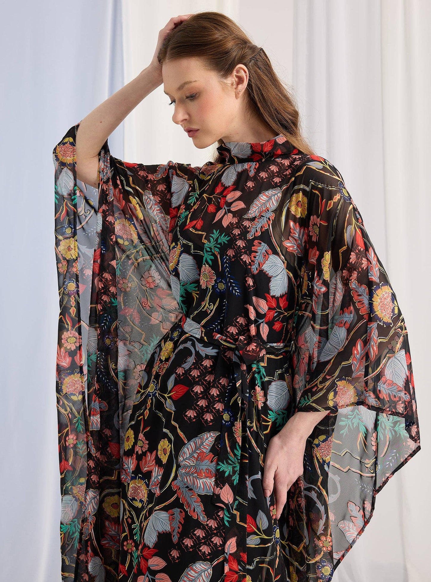 Black Printed Gold Lurex Belted Kaftan Dress 200101