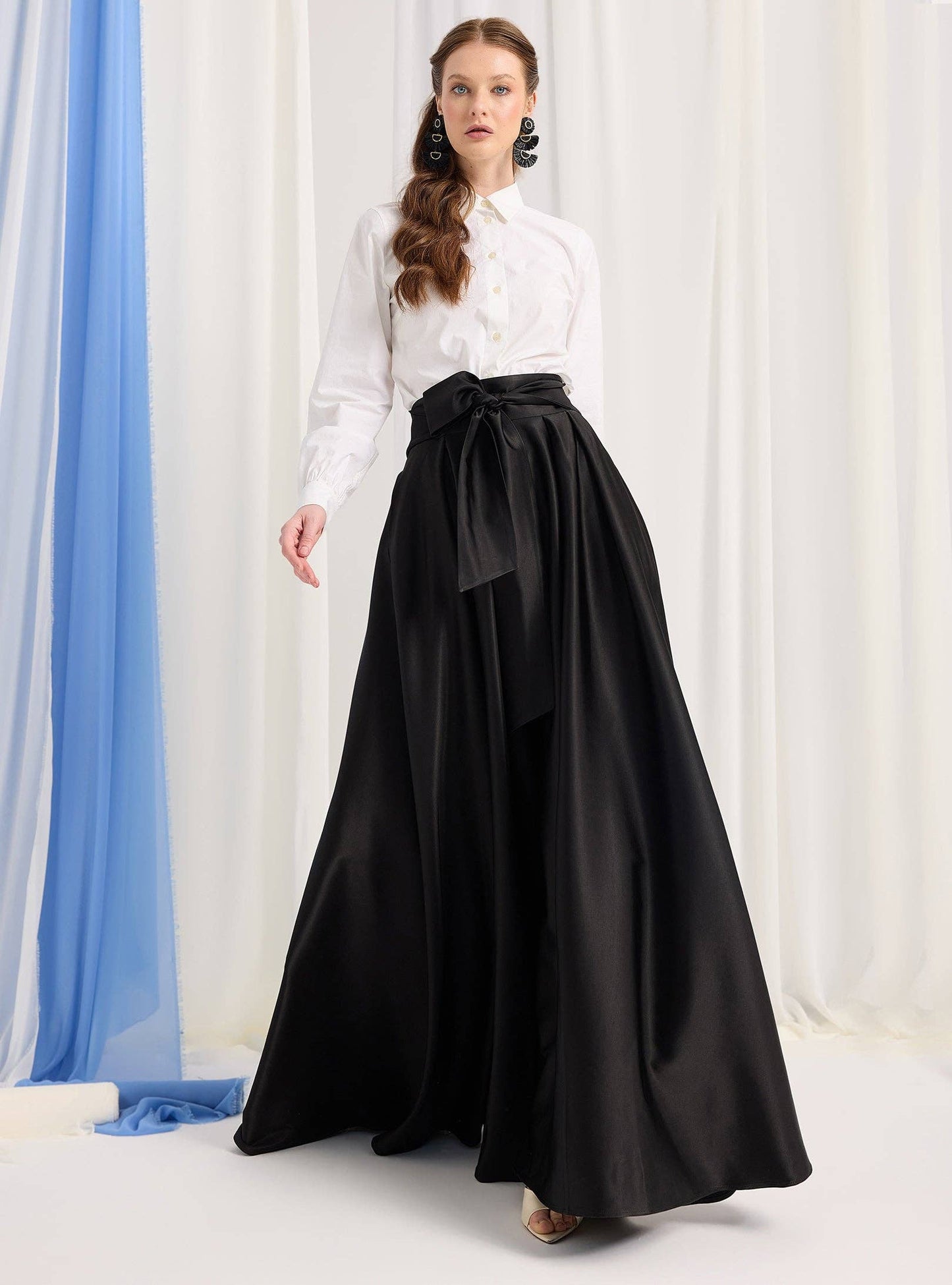 Black Mat Satin Belted Maxi Skirt 300101