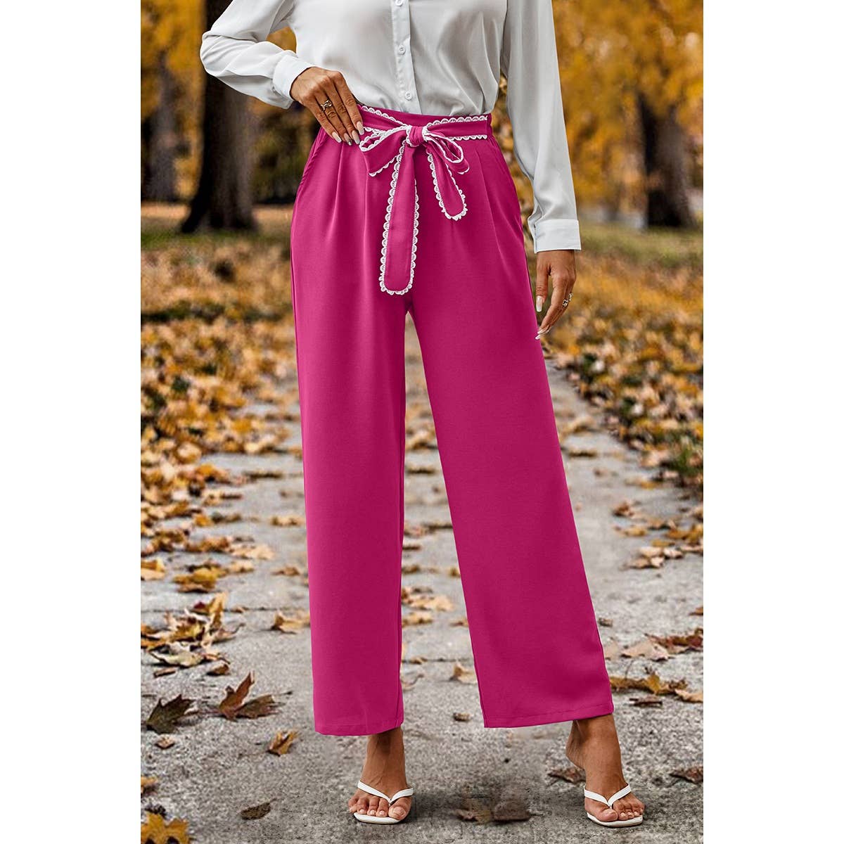 Straight Leg Elastic High Waist Lace Tie Trim Pants MB1001