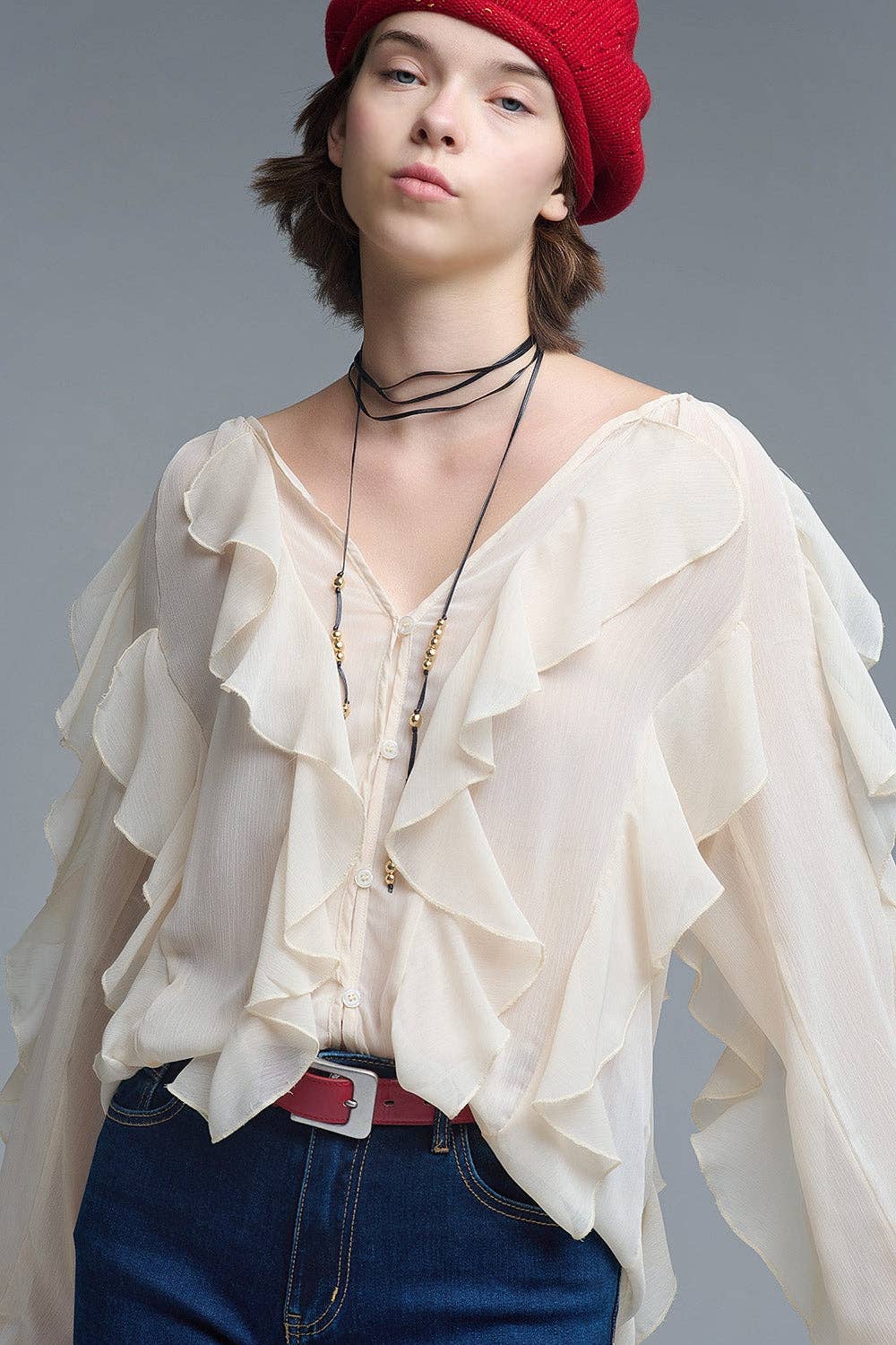 Beige V-Neck All Over Ruffle Blouse MB1022