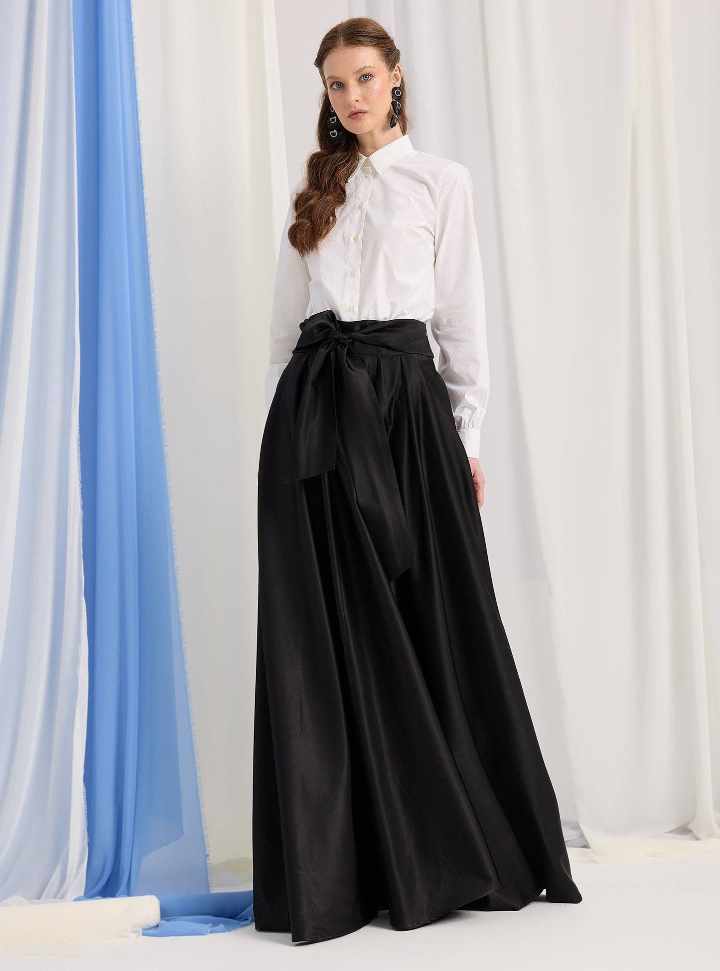 Black Mat Satin Belted Maxi Skirt 300101