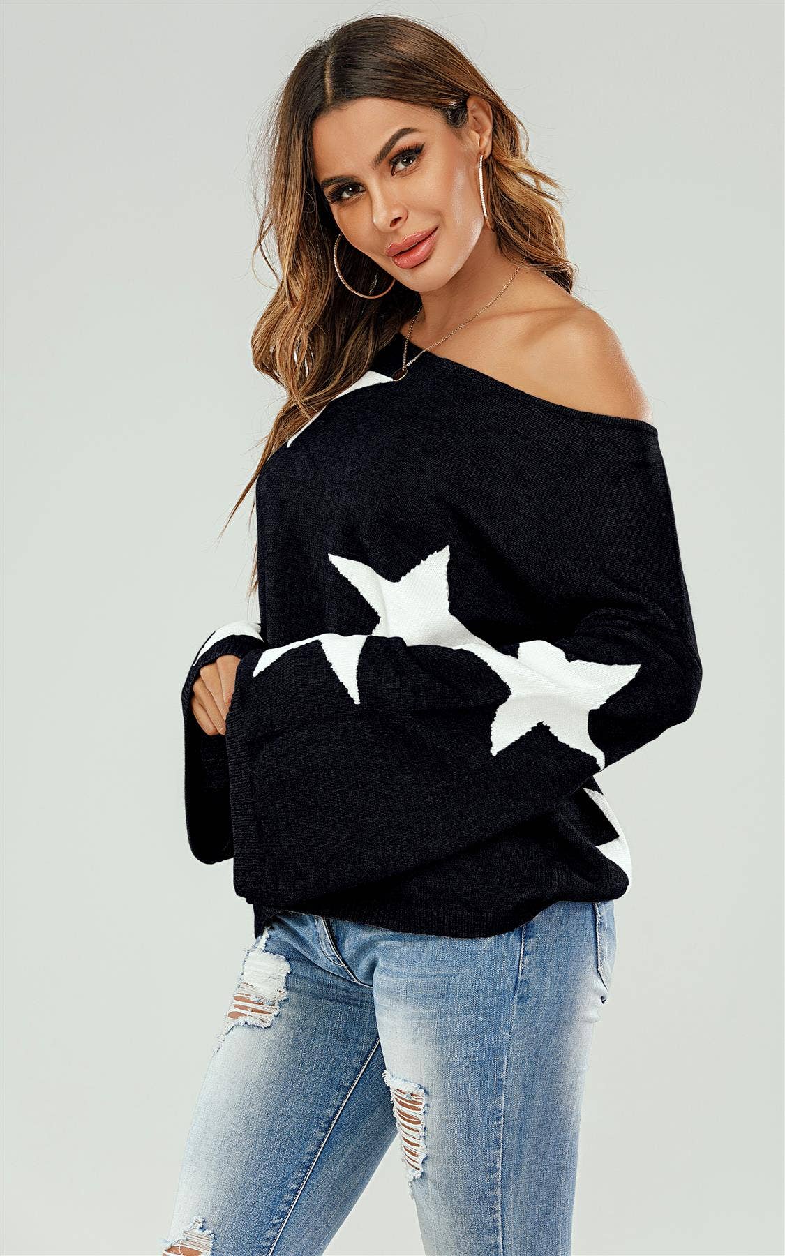 Wide Sleeve Oversize Black Jumper With White Star MB1009