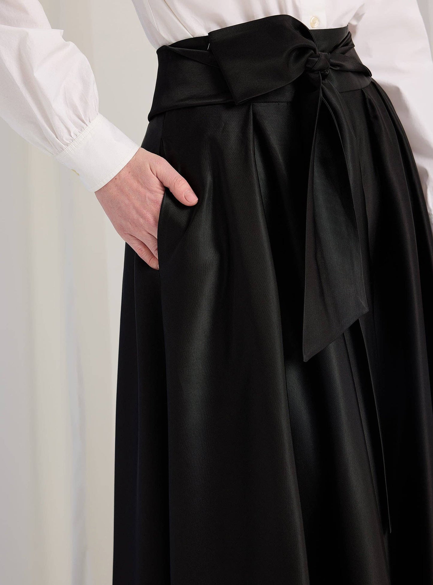 Black Mat Satin Belted Maxi Skirt 300101