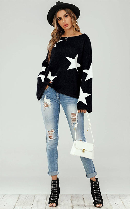 Wide Sleeve Oversize Black Jumper With White Star MB1009