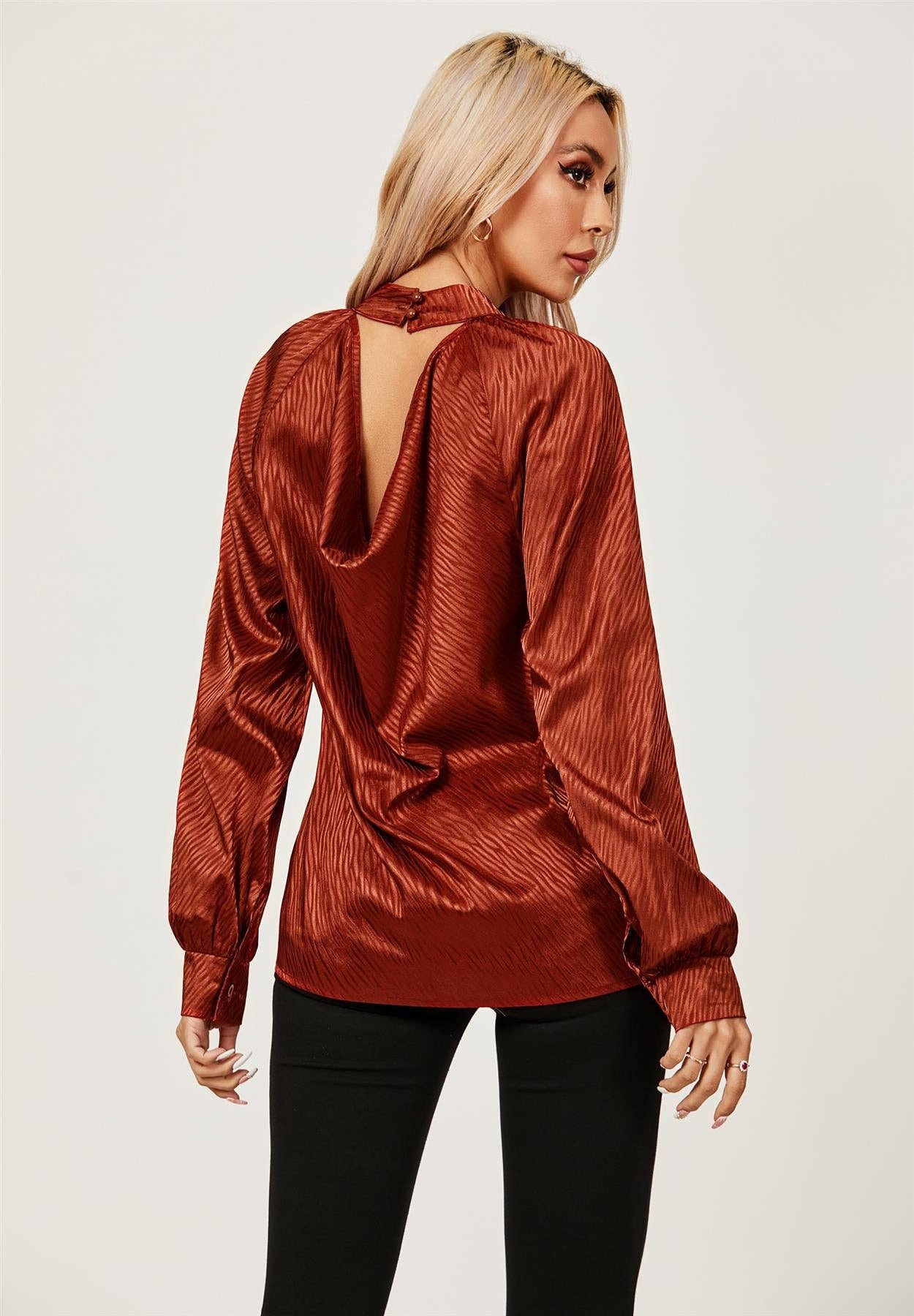 Halter Neck Satin Long Sleeve Blouse Top In Copper Red MB1010