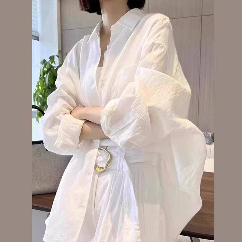 White Linen Long Sleeve Shirt Women's Casual Loose French Style Blouse MBC3005