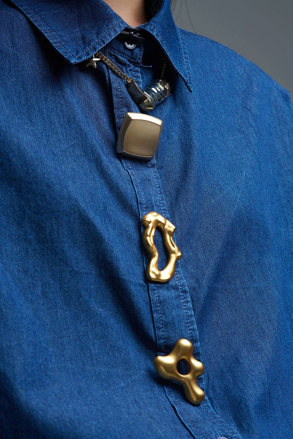 Relaxed Denim Shirt With Gold Abstract Buttons MB1023