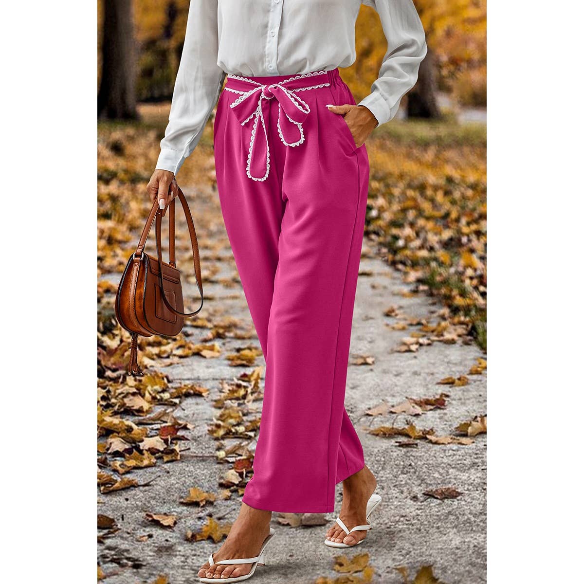 Straight Leg Elastic High Waist Lace Tie Trim Pants MB1001