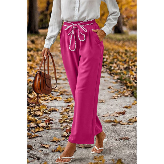 Straight Leg Elastic High Waist Lace Tie Trim Pants MB1001