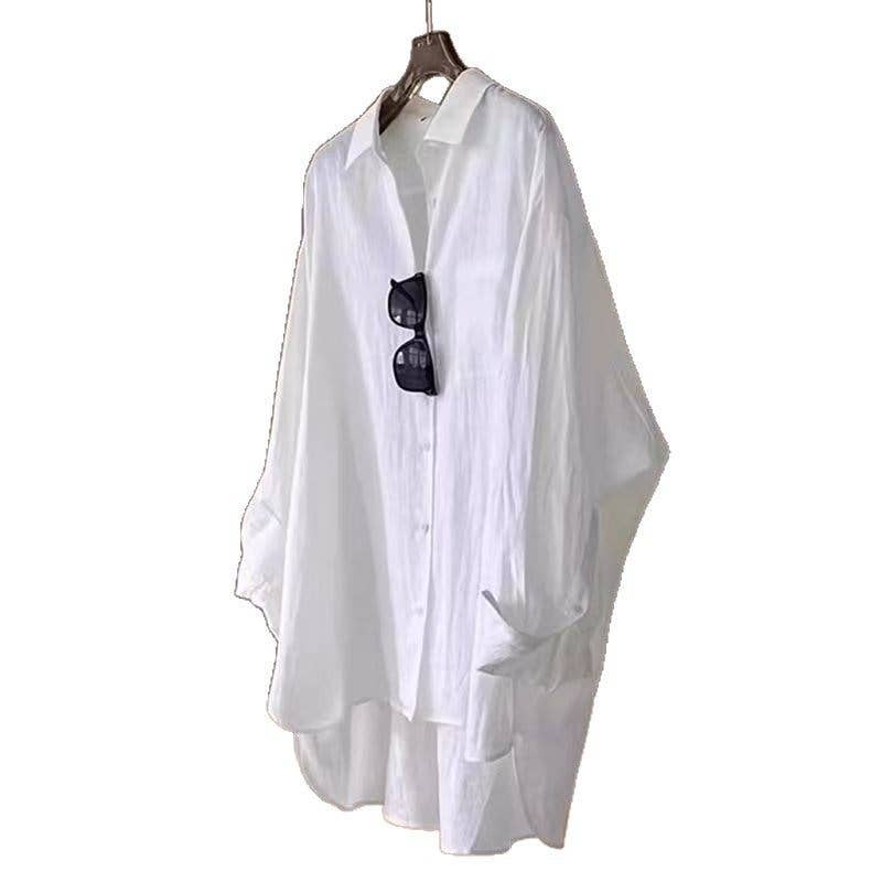 White Linen Long Sleeve Shirt Women's Casual Loose French Style Blouse MBC3005