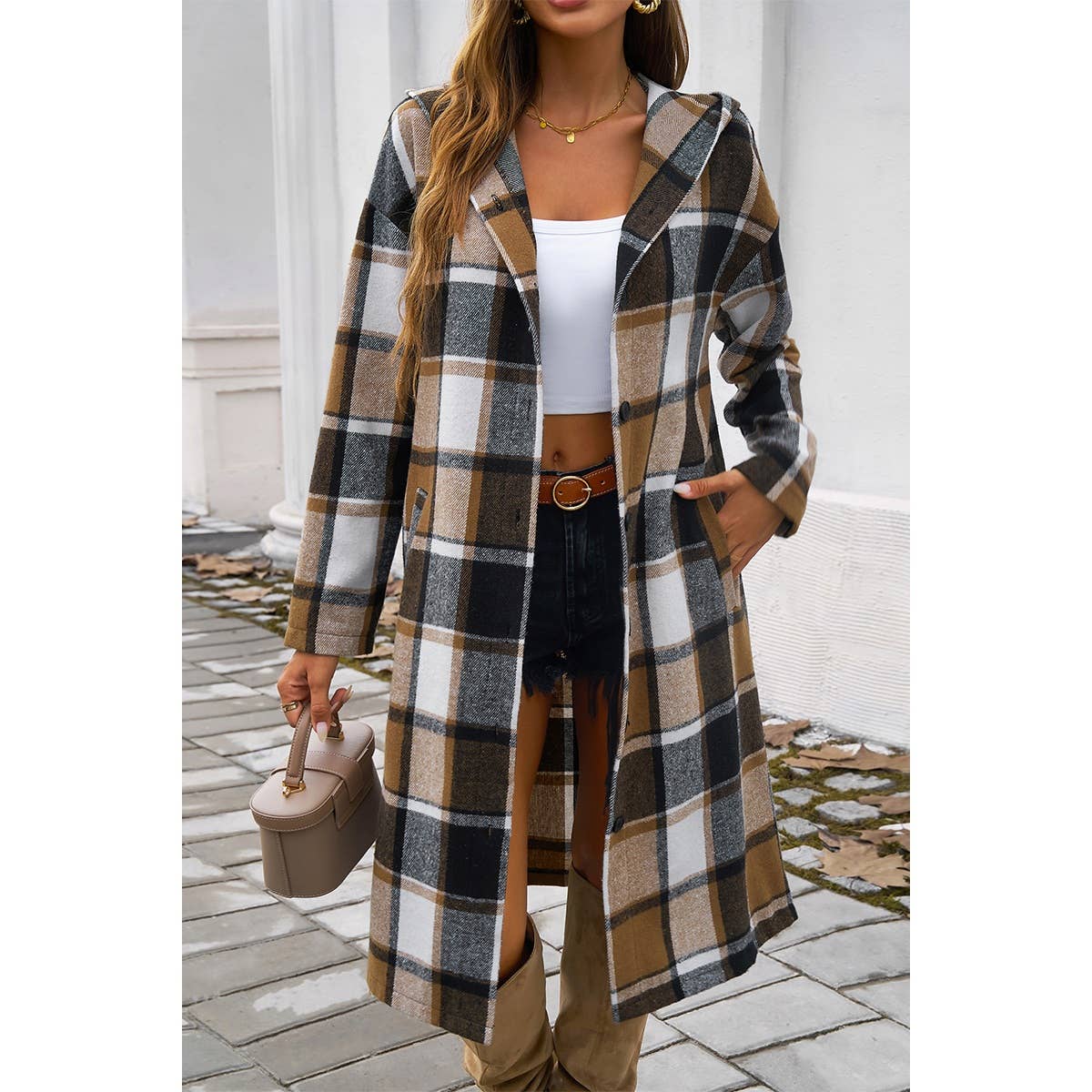 Plaid Print Button Down Lapel Collar Trendy Coat MB1004