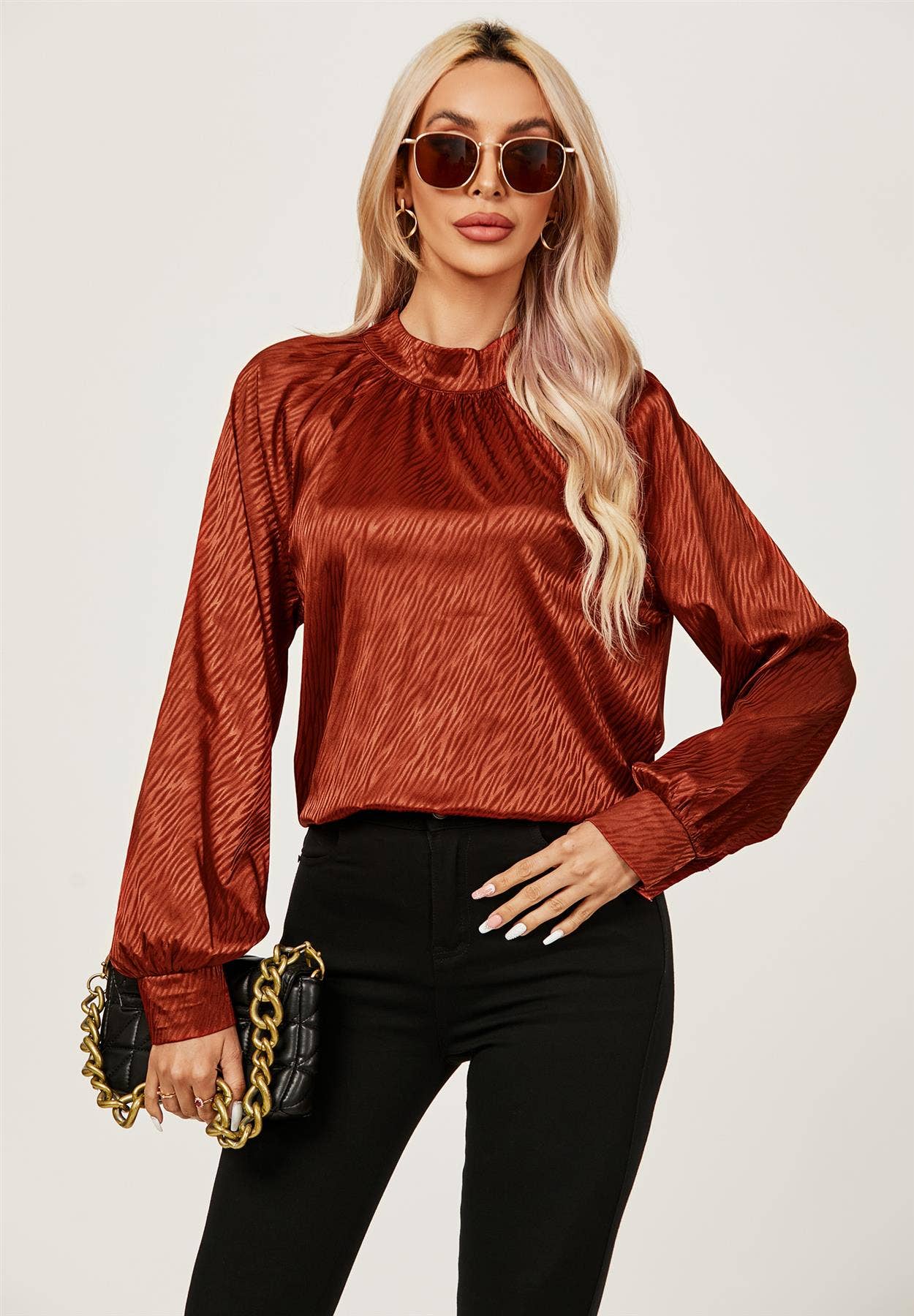 Halter Neck Satin Long Sleeve Blouse Top In Copper Red MB1010