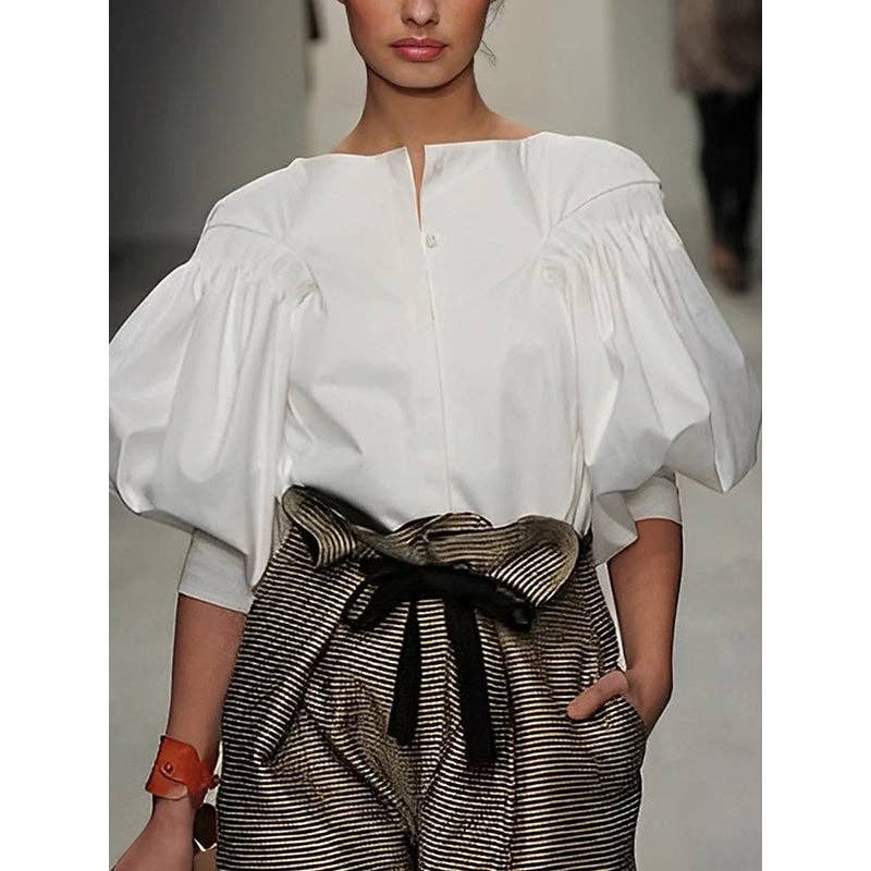 Puff Sleeves Buttoned Solid Color Blouses&shirts Tops  MBC3009