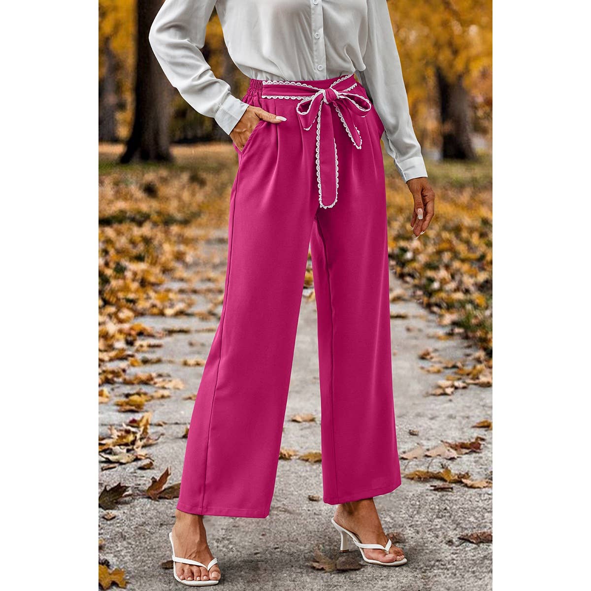 Straight Leg Elastic High Waist Lace Tie Trim Pants MB1001