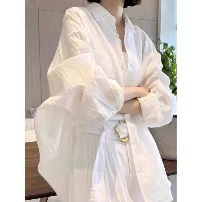 White Linen Long Sleeve Shirt Women's Casual Loose French Style Blouse MBC3005