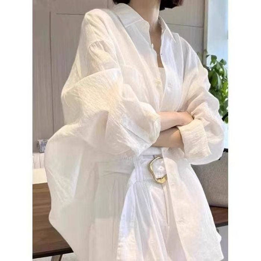 White Linen Long Sleeve Shirt Women's Casual Loose French Style Blouse MBC3005