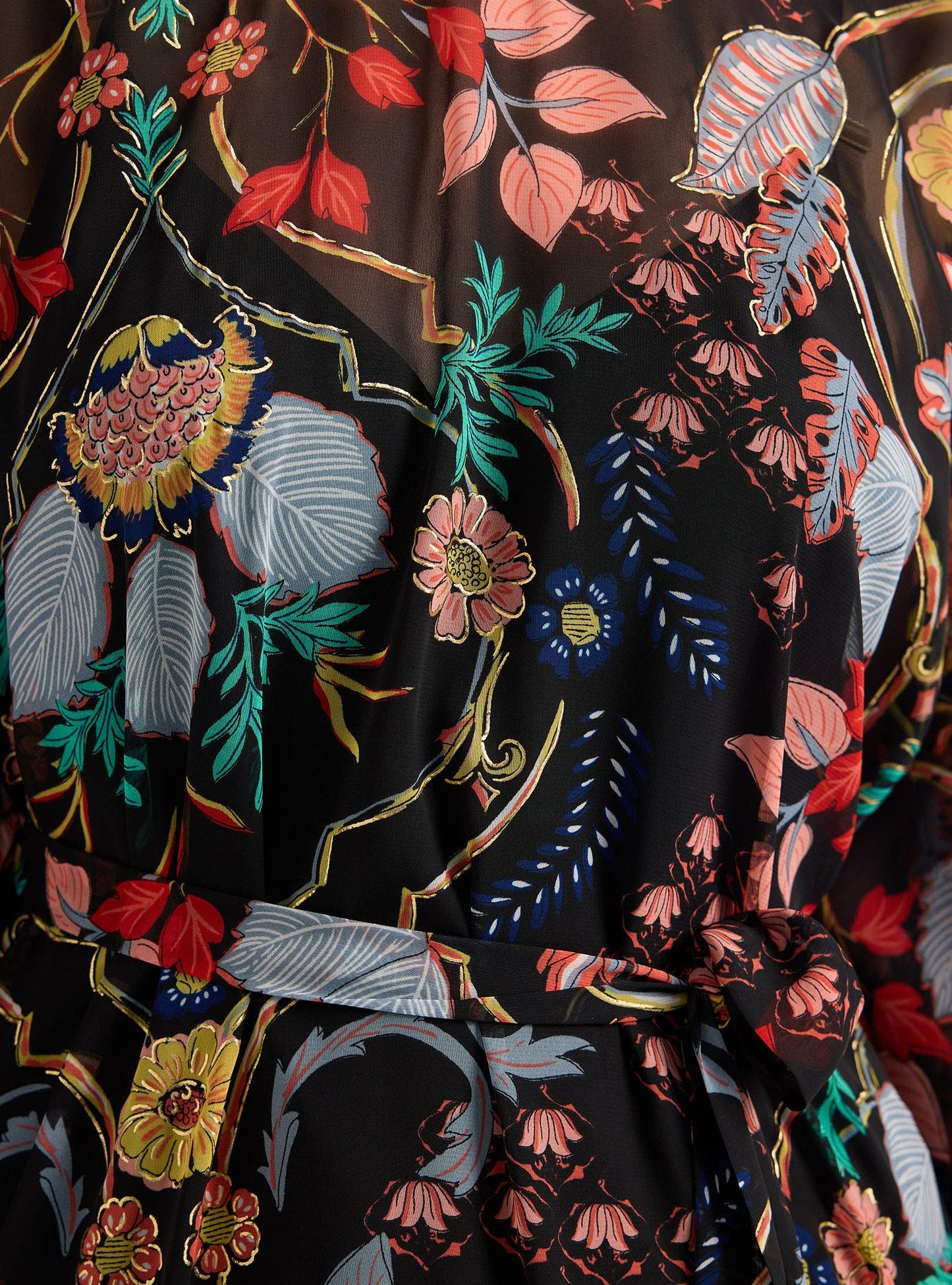 Black Printed Gold Lurex Belted Kaftan Dress 200101