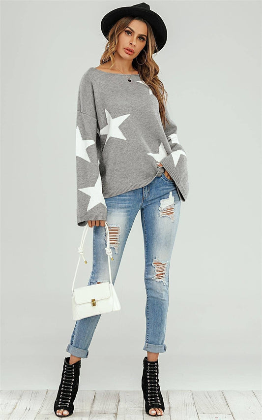 Wide Sleeve Oversized Grey Jumper With White Star MB1011