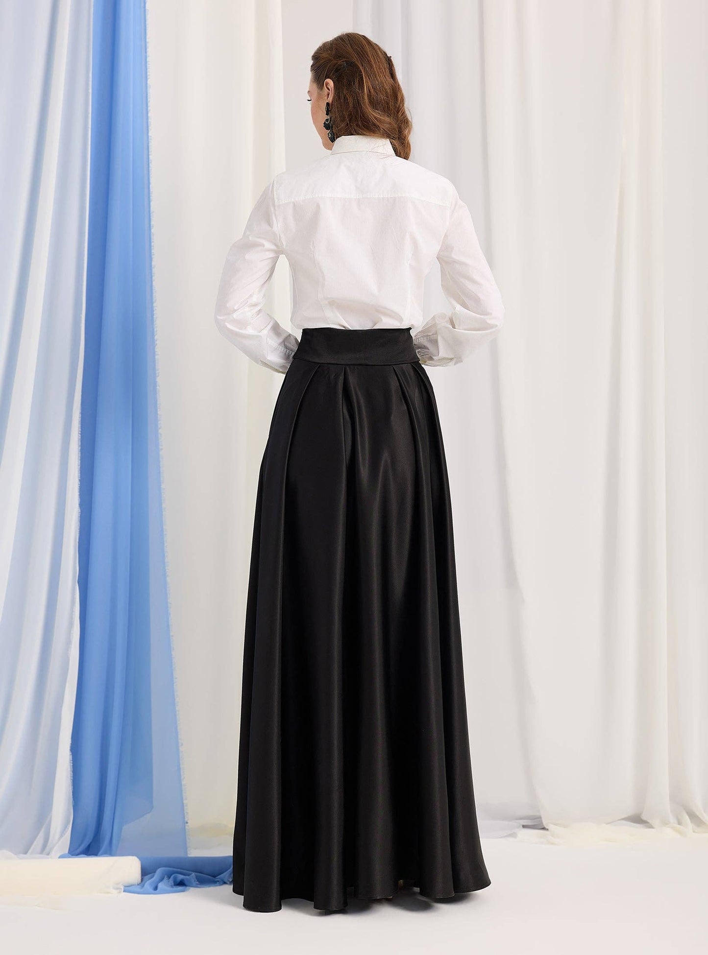 Black Mat Satin Belted Maxi Skirt 300101