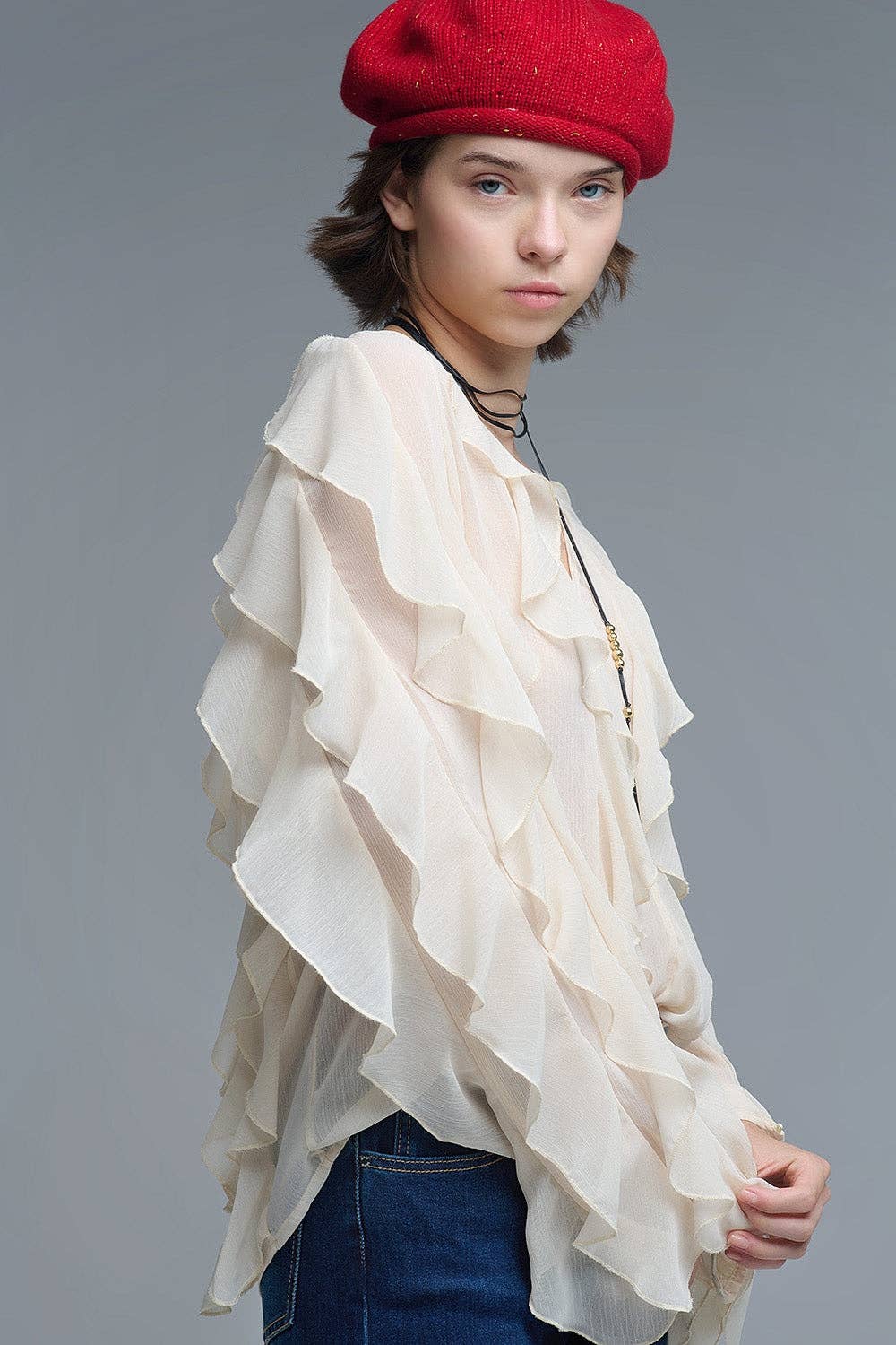 Beige V-Neck All Over Ruffle Blouse MB1022