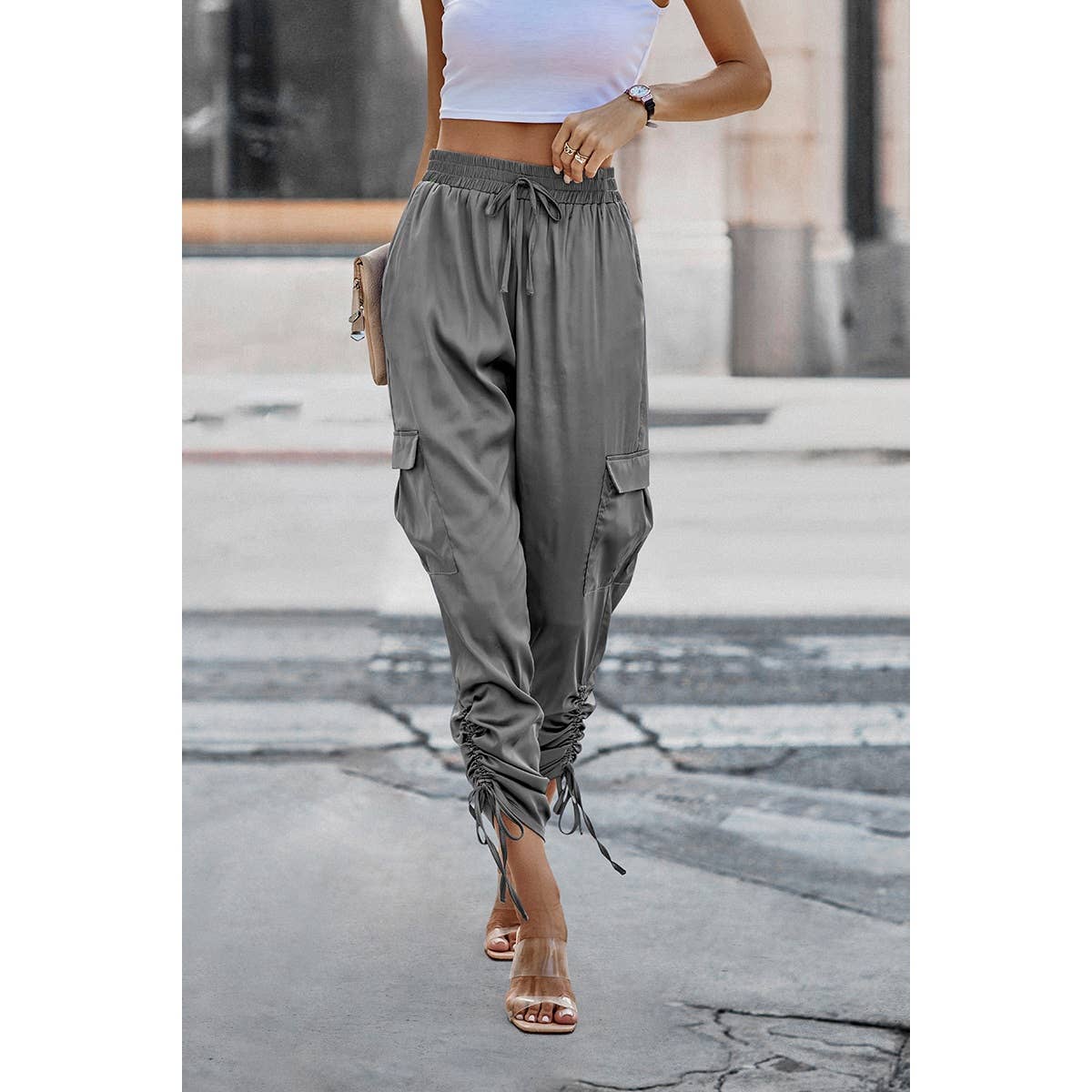 Pantaloni cu tiv solid și șnur de fixare, cu clapă și buzunare laterale, model MB1002