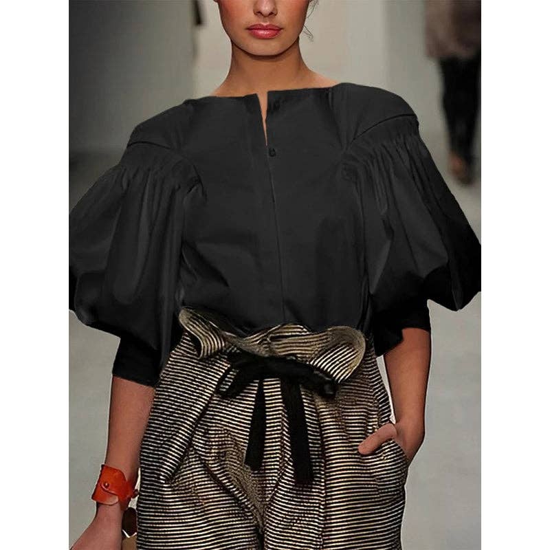 Puff Sleeves Buttoned Solid Color Blouses&shirts Tops  MBC3009