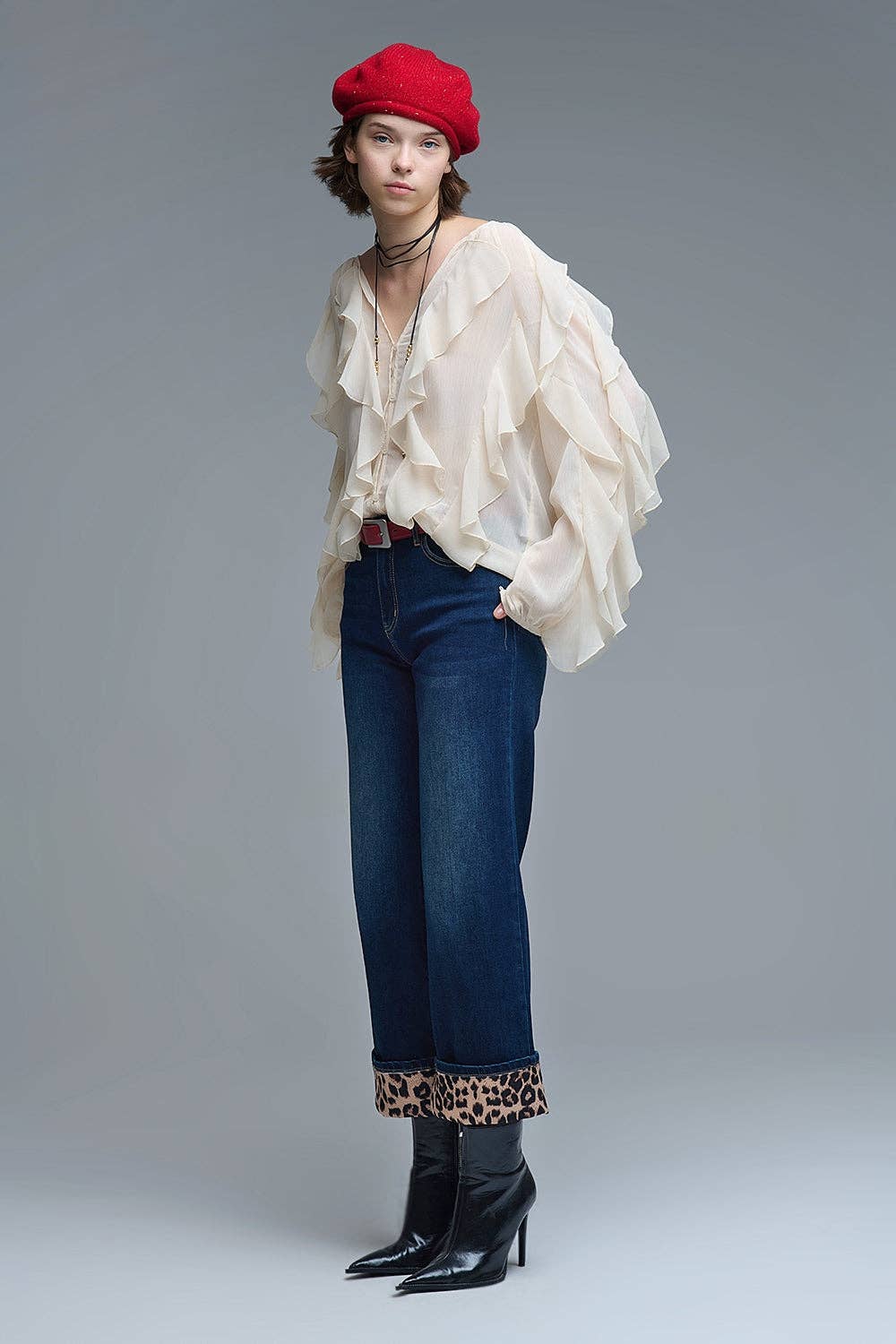 Beige V-Neck All Over Ruffle Blouse MB1022