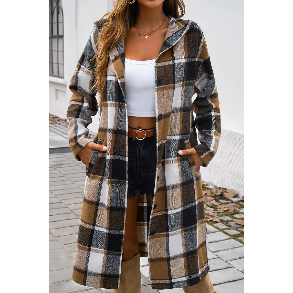 Plaid Print Button Down Lapel Collar Trendy Coat MB1004