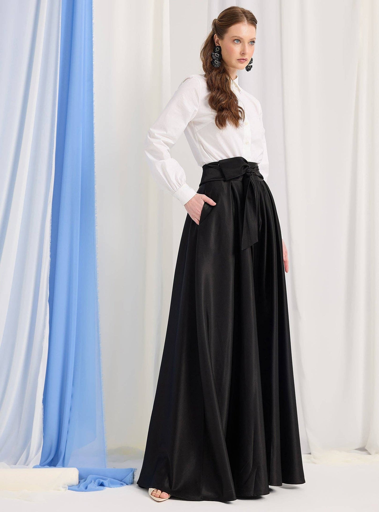 Black Mat Satin Belted Maxi Skirt 300101