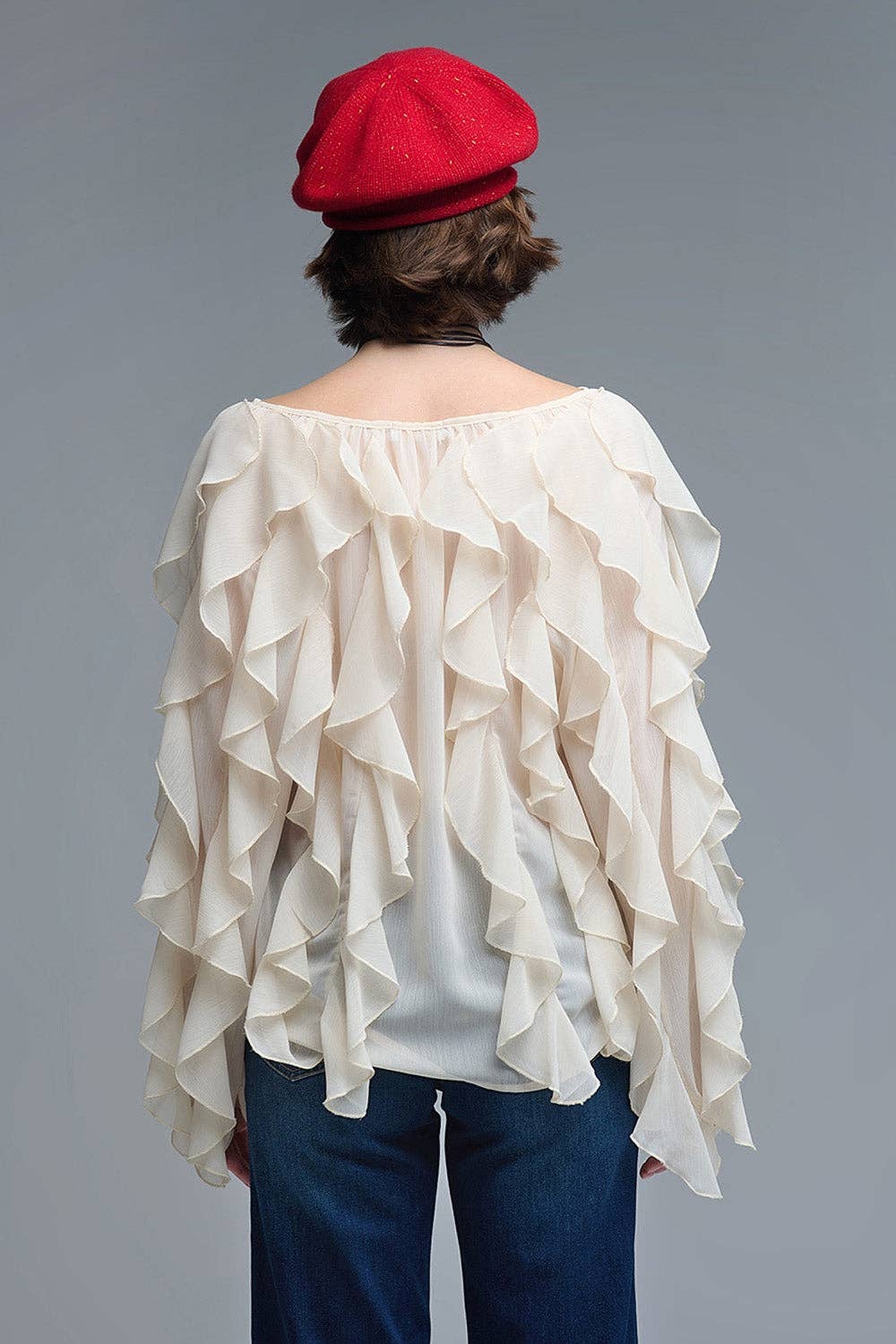Beige V-Neck All Over Ruffle Blouse MB1022