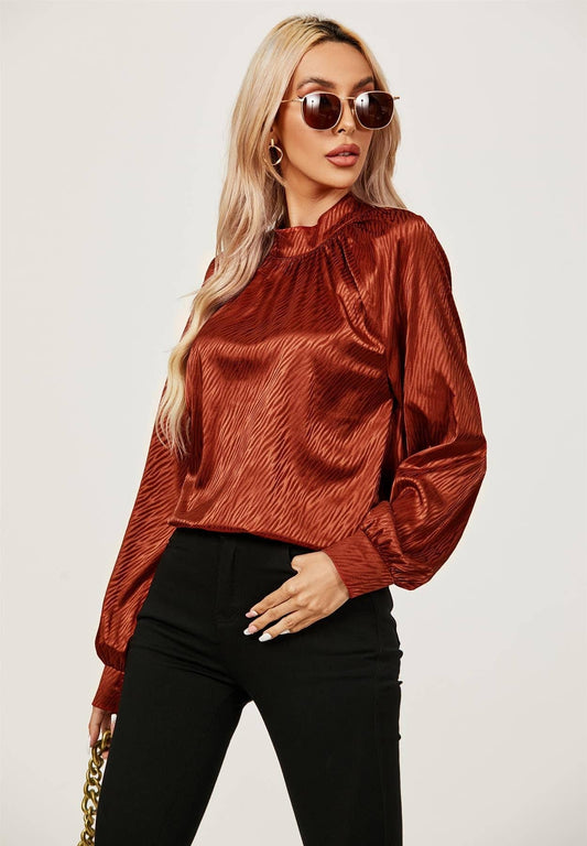 Halter Neck Satin Long Sleeve Blouse Top In Copper Red MB1010