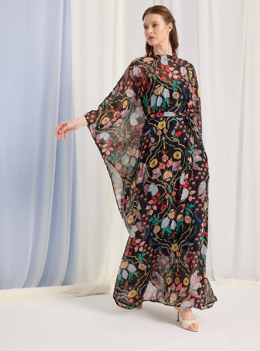 Black Printed Gold Lurex Belted Kaftan Dress 200101