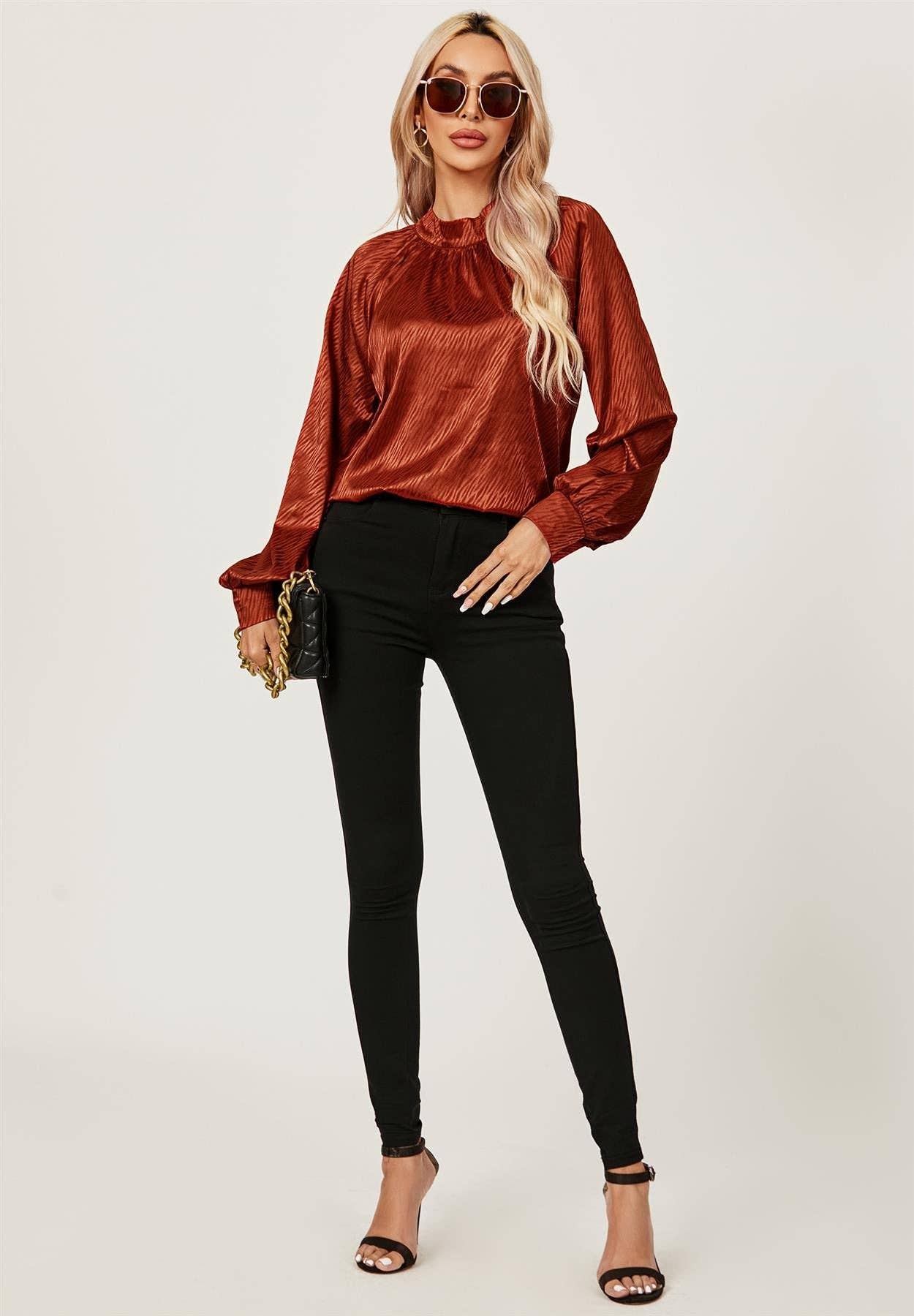 Halter Neck Satin Long Sleeve Blouse Top In Copper Red MB1010