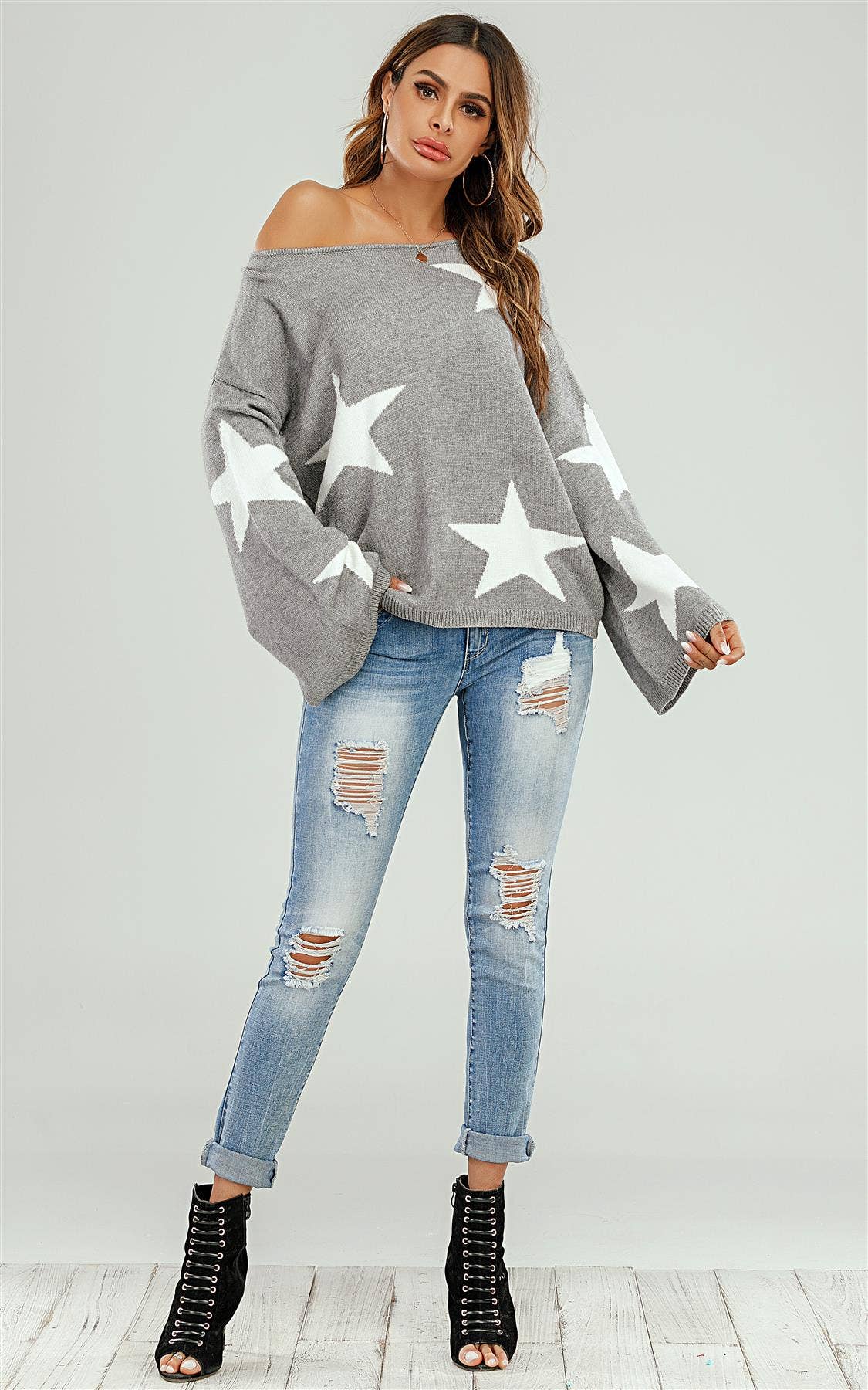 Wide Sleeve Oversized Grey Jumper With White Star MB1011